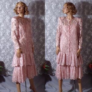 Vintage 80s Dress 1980s Pink Lace Ruffle Wedding Cocktail Pretty Size Medium
